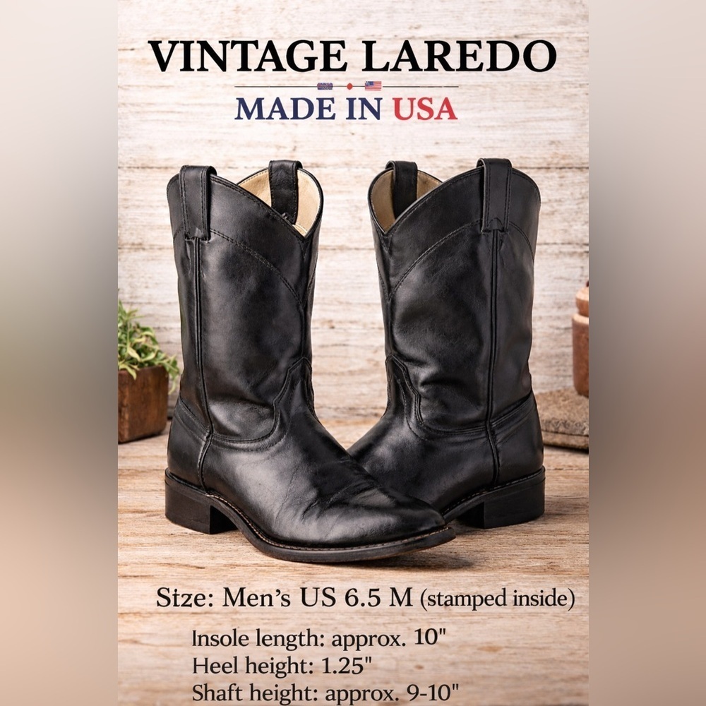 Laredo Vintage Black Leather Roper Cowboy Boots Made in USA Men’s 6.5